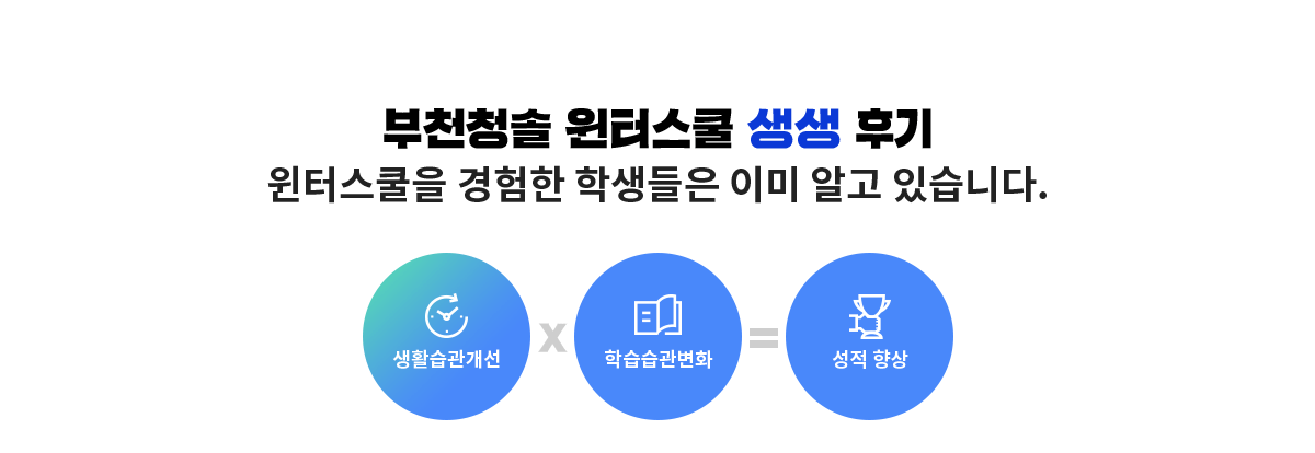 부천청솔 윈터스쿨 생생 후기. 윈터스쿨을 경험한 학생들은 이미 알고 있습니다. 생활습관개선 x 학습습관변화 = 성적향상