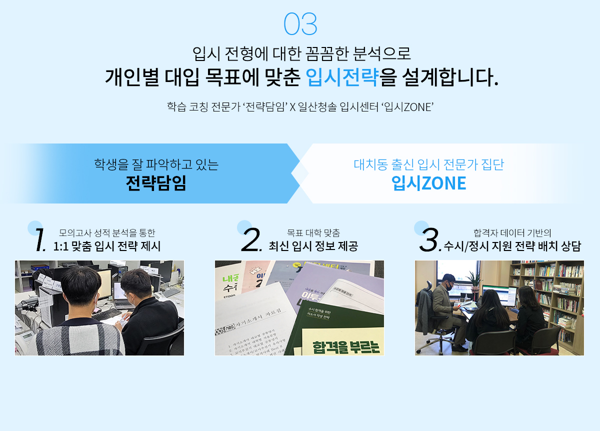 입시 전형에 대한 완벽한 분석으로 개인별 대입 목표에 맞춘 입시전략을 설계합니다.학습 코칭 전문가 네오담임 X 이투스네오 입시센터 입시ZONE