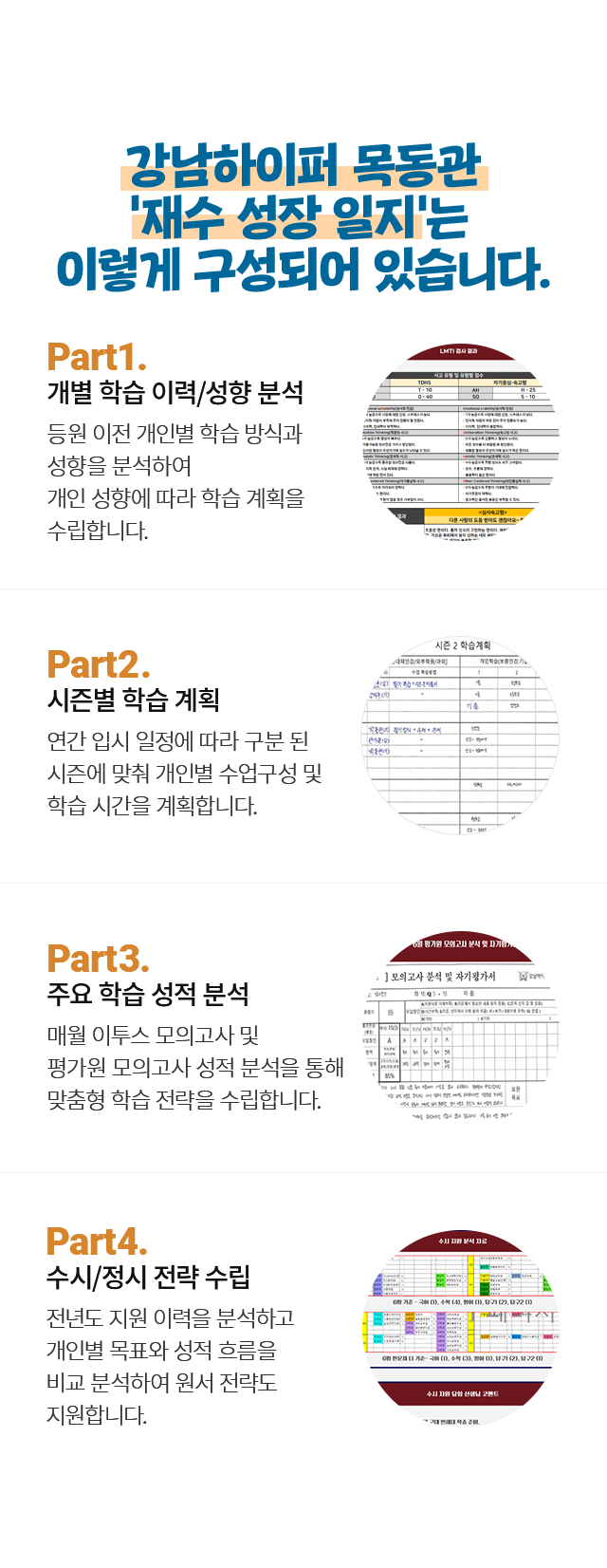 강남하이퍼 목동관 재수 성장 일지는 이렇게 구성되어 있습니다.