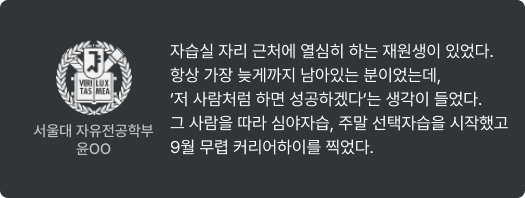 서울대 자유전공학부 윤OO - 자습실 자리 근처에 열심히 하는 재원생이 있었다. 항상 가장 늦게까지 남아있는 분이었는데, ‘저 사람처럼 하면 성공하겠다‘는 생각이 들었다. 그 사람을 따라 심야자습, 주말 선택자습을 시작했고 9월 무렵 커리어하이를 찍었다.