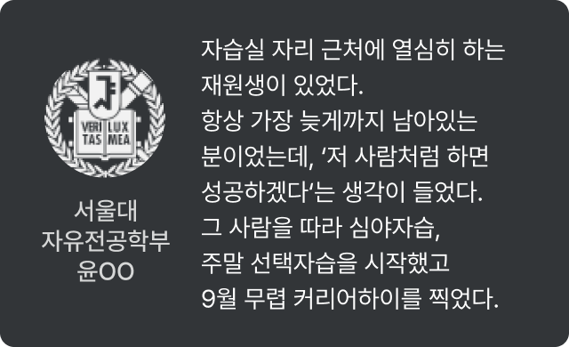 서울대 자유전공학부 윤OO - 자습실 자리 근처에 열심히 하는 재원생이 있었다. 항상 가장 늦게까지 남아있는 분이었는데, ‘저 사람처럼 하면 성공하겠다‘는 생각이 들었다. 그 사람을 따라 심야자습, 주말 선택자습을 시작했고 9월 무렵 커리어하이를 찍었다.